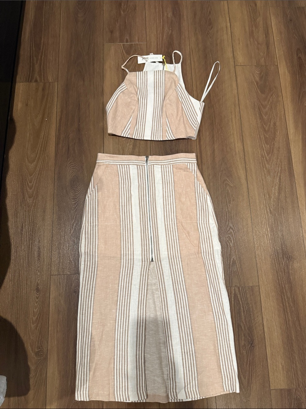 BCBGeneration Beige and White Striped Asymmetrical Skirt Set